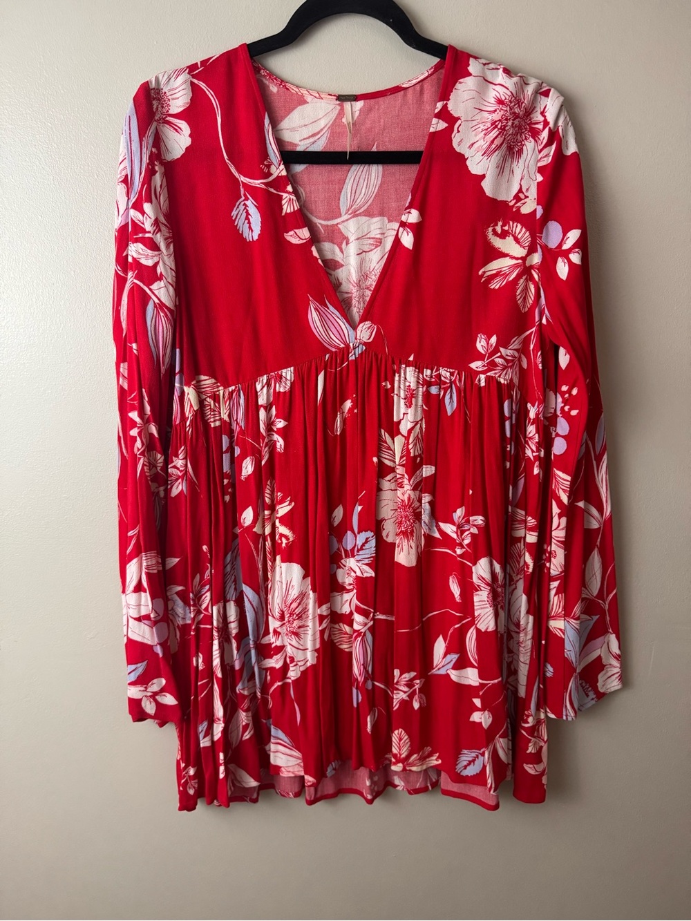 Free People Red Floral Bella Long Bell Sleeve Tunic Small Boho
